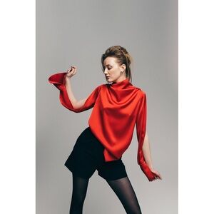 Julia Allert Red Satin Draped Long Sleeve Blouse